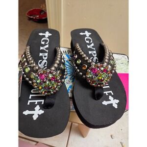 Gypsy Soule Cupcake Black Platform Flip Flops Swarovski Crystal Leather  9